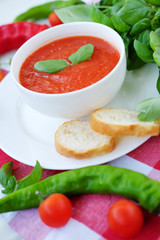 Cold summer tomato dish. Gaspacho soup with toast.