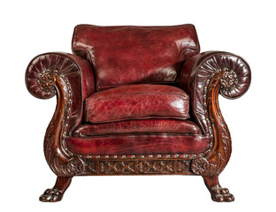 antique red leather arm chair carved legs isolated
