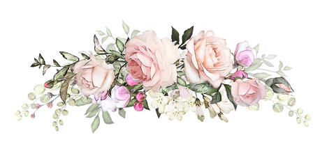 watercolor flowers arrangements. floral illustration. composition of flowers pink rose, Leaf and buds. Cute illustration for wedding or  greeting card.  branch of flowers isolated on white background