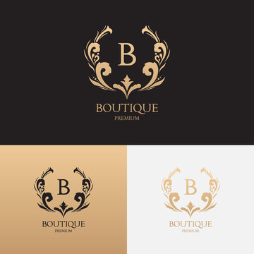 Boutique brand logo template. Vector symbol with crown and floral ornament. Logotype for uses in fashion spheres, hotel and restaurant business and jewelry industry.