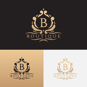 Logo template of boutique brand. Vector symbol with floral ornament. Logotype for uses in fashion spheres, hotel and restaurant business and jewelry industry.