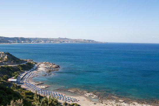 Famous nudist beach in Faliraki. Top view of the beach in Rhodes. Popular beach on the island.