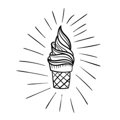 Cute black linear ice cream cone with pop art rays isolated on white background. Card, poster, sticker. Vector illustration. - obrazy, fototapety, plakaty