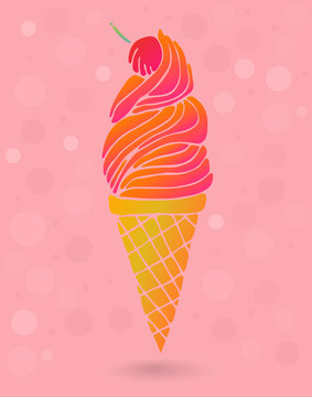 Cute colorful ice cream cone with cherry isolated on pink background. Card, poster, sticker. Vector illustration.