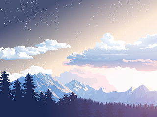 Vector illustration mountain landscape. Starry night sky. Sunset, dawn sun over the mountains in forest