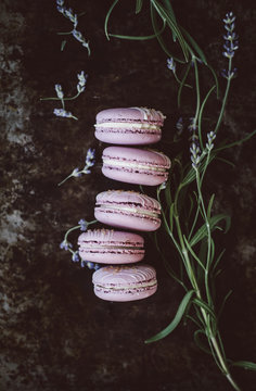 Still life with lavender macaroons and lavender flowers