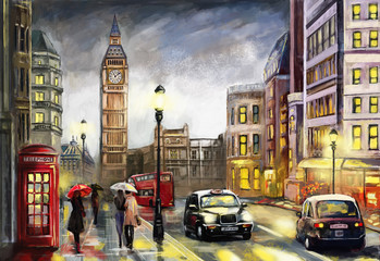oil painting on canvas, street view of london. Artwork. Big ben. couple and red umbrella, bus and road, telephone. Black car - taxi. England