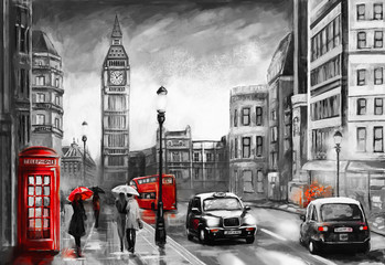 Fototapeta oil painting on canvas, street view of london. Artwork. Big ben. couple and red umbrella, bus and road, telephone. Black car - taxi. England obraz