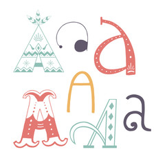 Fototapeta premium Unique collection of hand drawn letter A with doodle ornament. Cute lettering boho style script. ABC latin alphabet