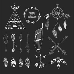 Tribal collection of hand drawn elements in boho style. Feather, tipi and arrows. Vector illustration. © Oksana Stepova