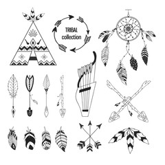 Tribal collection of hand drawn elements in boho style. Feather, tipi and arrows. Vector illustration. © Oksana Stepova