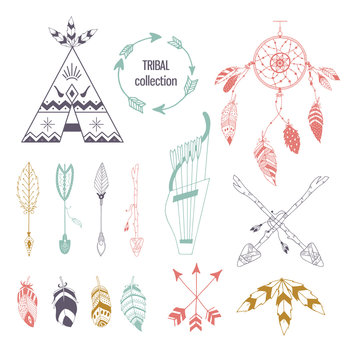 Tribal collection of hand drawn elements in boho style. Feather, tipi and arrows. Vector illustration.