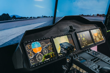 Helicopter pilot cabin and control panel with steering wheel, simulator