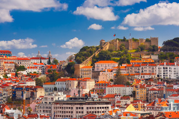 Fototapeta na wymiar Aerial view of Castle of Saint George or Sao Jorge and the historical centre of Lisbon on the sunny afternoon, Lisbon, Portugal