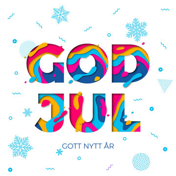 God Jul Merry Christmas Swedish greeting card vector snowflake paper carving background