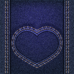 Denim heart sewn on jeans backdrop. Valentines day background.