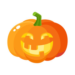 Laughing, happy pumpkin jack-o-lantern with funny teeth, Halloween symbol, cartoon vector illustration isolated on white background. Pumpkin lantern with smiling, laughing face, Halloween decoration