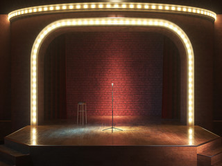 Dark empty stage with microphone. 3d render - obrazy, fototapety, plakaty