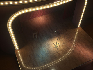 Dark empty stage with microphone. 3d render