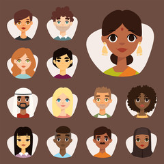 Set of diverse round avatars with facial features different nationalities clothes and hairstyles people characters vector illustration