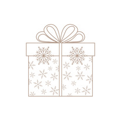 Vector illustration of gift box decorated snowflakes on white background made in line style.
