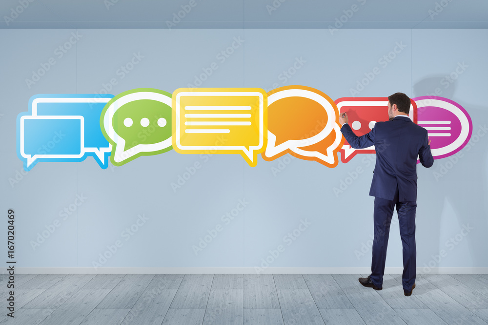 Wall mural businessman using social network interface on a wall 3d rendering