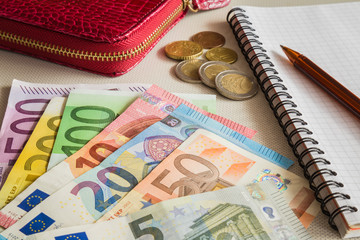Euro paper money and coins with wallet and notebook on the table. Money counting.