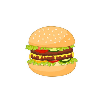 Vector burger flat isolated illustration on a white background. Tasty fresh fastfood chickenburger, cheesburger with vegetables. Sandwich burger with onion ,lettuce tomato cheese and sauce