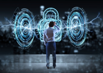 Businessman watching antivirus interface on a rooftop 3D rendering