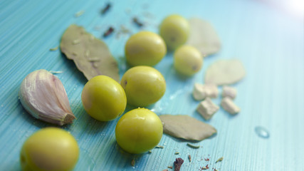 Olives, olive oil, salt, spices, Bay leaf