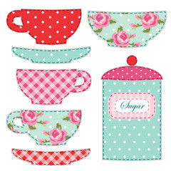 Cute applique of tea cups and stuff as retro elements for tea party