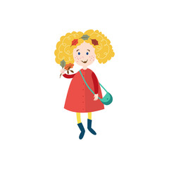 vector girl child wearing coat, rubber boots with purse and leaves in her hair collecting autumn falling leaves. cartoon isolated illustration on a white background. Autumn activity kids concept
