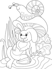 Childrens coloring cartoon animal friends in nature. Rabbit under a mushroom and snail