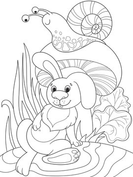 Childrens coloring cartoon animal friends in nature. Rabbit under a mushroom and snail
