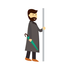 vector man in grey coat holds the handrail keeping closed umbrella in hand. Flat cartoon illustration isolated on a white background. Public transport - subway, bus characters concept design