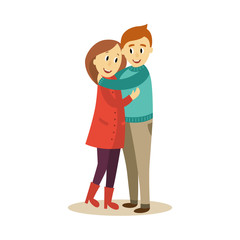 vector adult couple hugging. Flat cartoon isolated illustration on a white background. Adult man and woman emracing each other happily. Happy family hugs concept