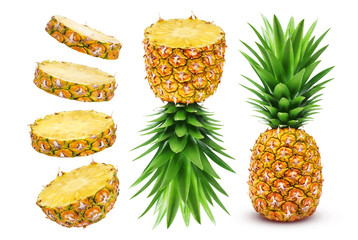 Whole and sliced pineapple isolated on white background - obrazy, fototapety, plakaty
