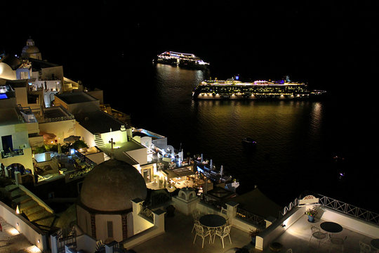Cruise Ships in the Bay of Santornini, Greece City Skyline at Night