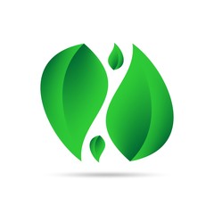 Eco icon from green leaves side by side on a white background with gray shadow on the bottom. Abstract design natural 