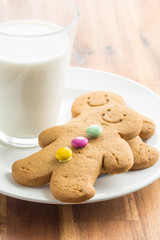 Sweet gingerbread man and glass of milk.