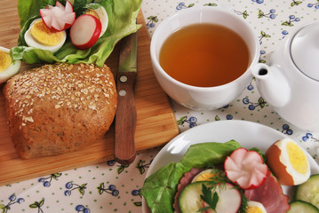 Sandwich with ham, egg, and radish made by grandma