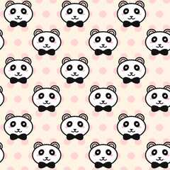 Vector cute pandas with black bows pattern on the pink peach polka dot background