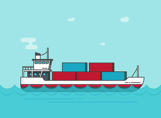 Cargo ship floating on ocean water vector illustration, flat cartoon big shipping freighter boat on sear waves carrying cargo containers line outline style, large vessel