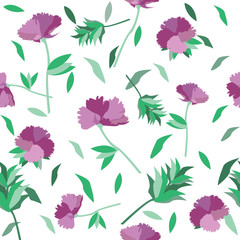 The carnation in the spring. Purple flower and leaf is vector for seamless pattern and background.