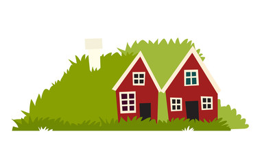 Elves houses icon. Nordic cartoon fairy red house with green grass and moss. Icelandic nature. Vector illustration, isolated on white background