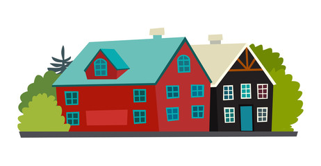Icelandic houses icon. Nordic cartoon red and black capital. Reykjavik abstract street. Vector illustration, isolated on white background