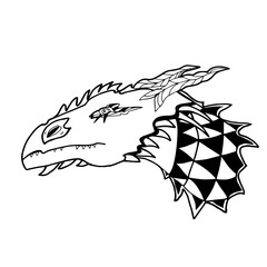 Dragon's head. Black contour lines isolated on white background. For prints, designs, clothes, logos.