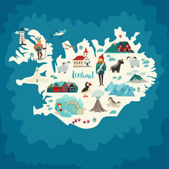 Iceland map landmarks. Handdrawn vector illustration. Landmark of Iceland illustrated travel poster