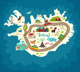 Island abstrakte Karte, handgezeichnete Vektorillustration. Reiseillustration von Island mit Sehenswürdigkeiten, Ikonen, Natur, Menschen und Tieren © coffeee_in