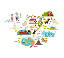 Iceland landmarks, schematic map contour. Landmark icons of Iceland illustrated travel vector  poster. Church, houses, lighthouse and moss